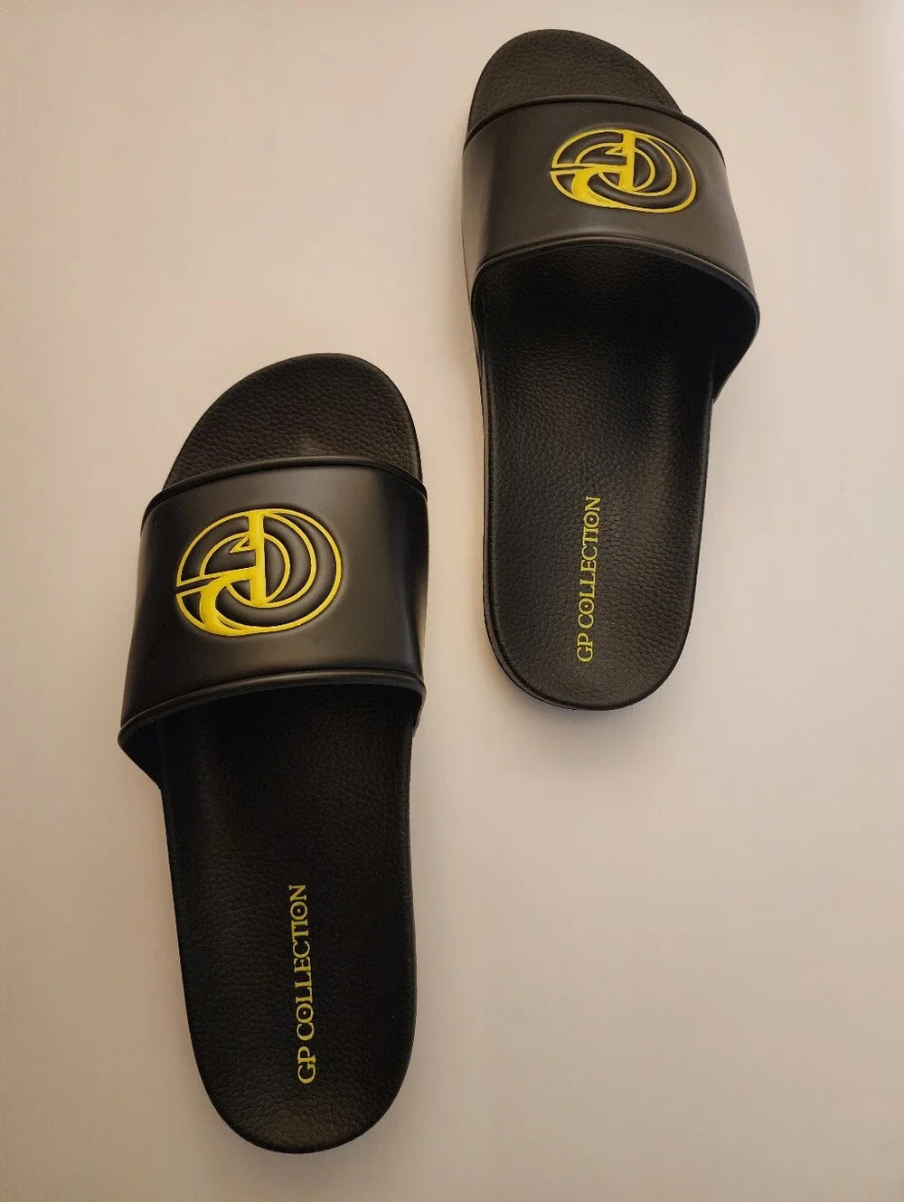 GP Collection Italian  Black Slide Sandals with Yellow Logo